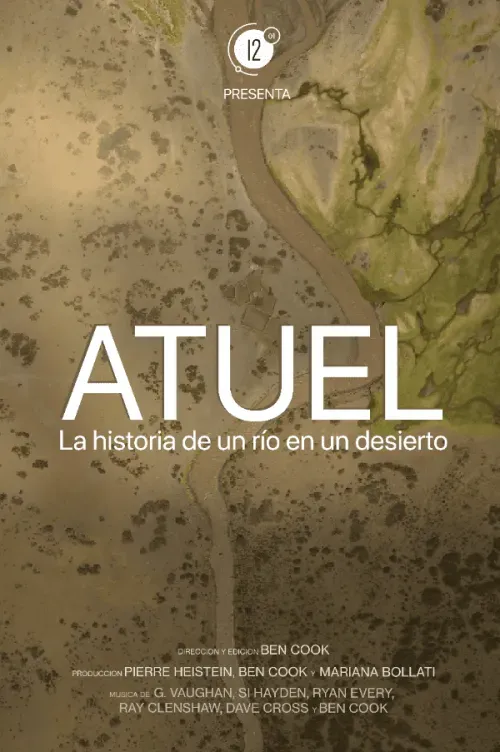Aerial view of a winding river flowing through a desert landscape with text overlay about the documentary Atuel, the story of a river in a desert.