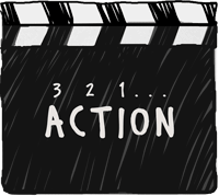Black and white animated film clapperboard with the word 'ACTION' and numbers 3, 2, 1.