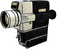 Illustration of a vintage film camera with a large lens and textured body.